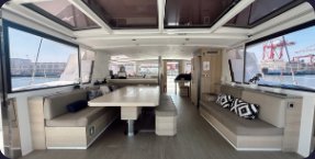 The catamaran's interior lounge